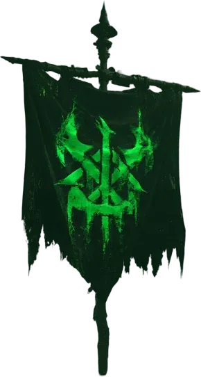 Battle banner of the Rotborn: a glowing green rune on tattered black cloth