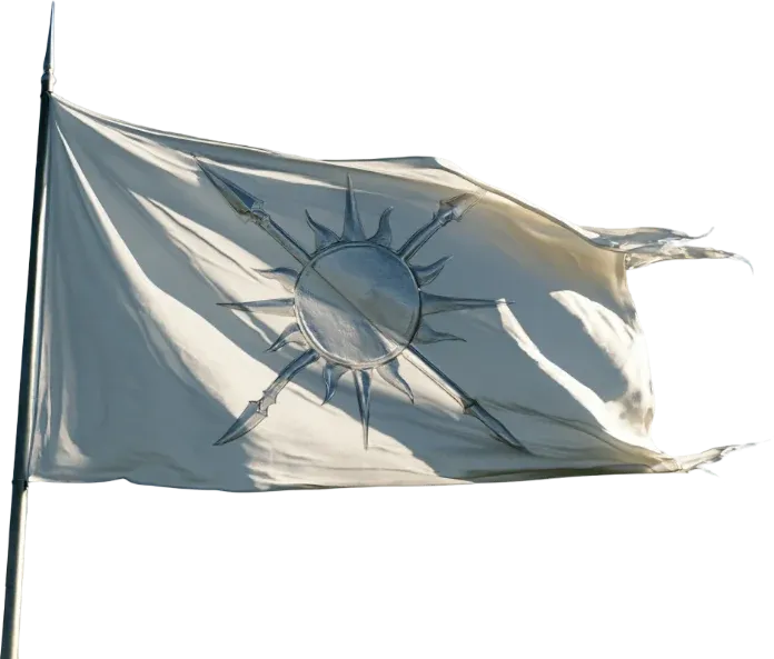 Battle banner of the Spears of Abaan: a silver sun crossed by two spears, on white
