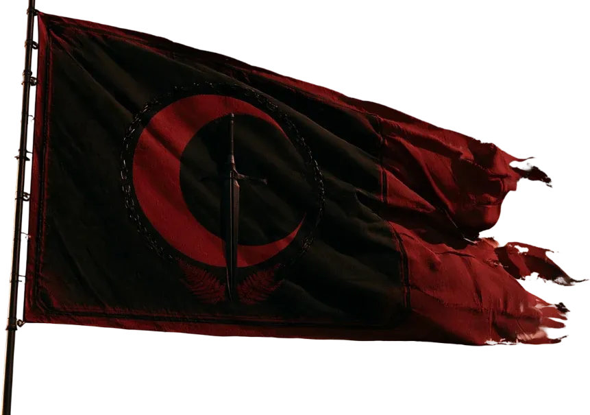 Battle banner of the Crimson Veilguard: a red crescent around a black sword, on black and crimson