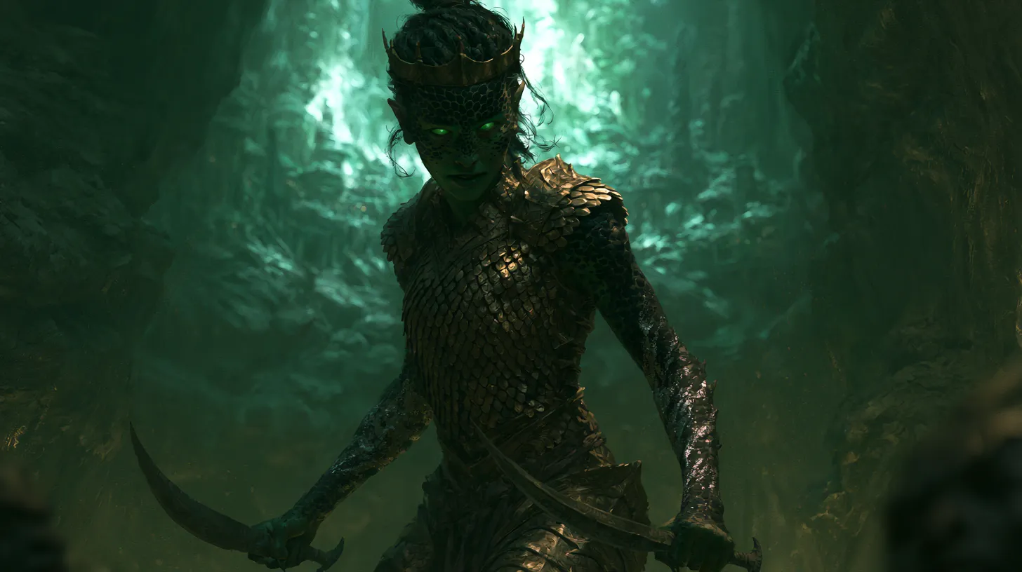 A rotborn warrior in scaled armour, eyes glowing green, twin curved blades drawn