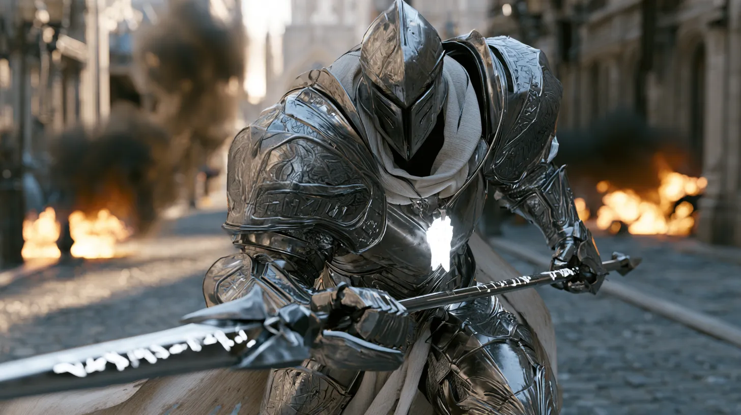 A knight of the Spears of Abaan in engraved silver plate and pale cloak, levelling a glaive in a burning city street