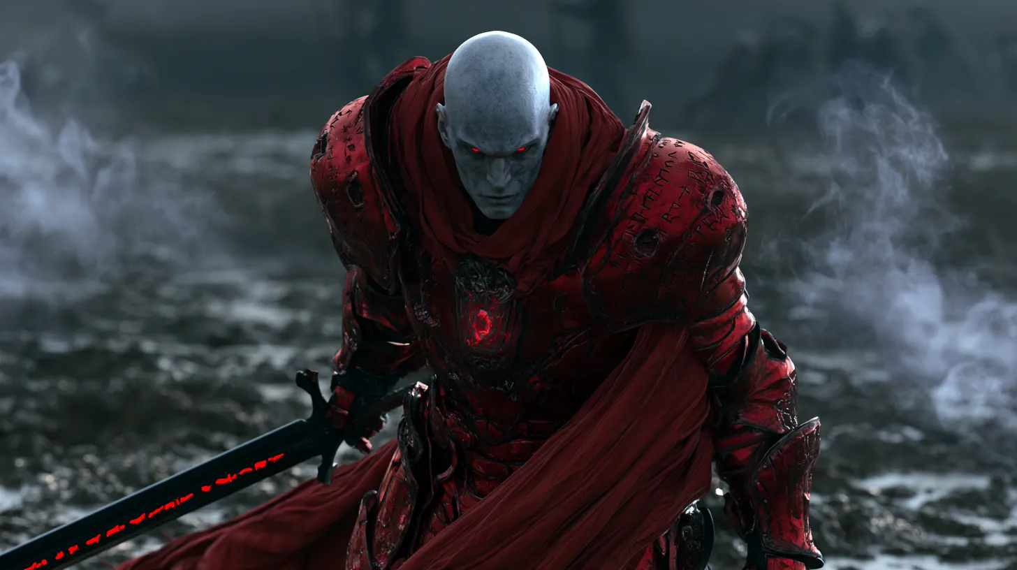 A pale, red-eyed Veilguard knight in crimson armour and scarf, a black sword with glowing red runes in hand