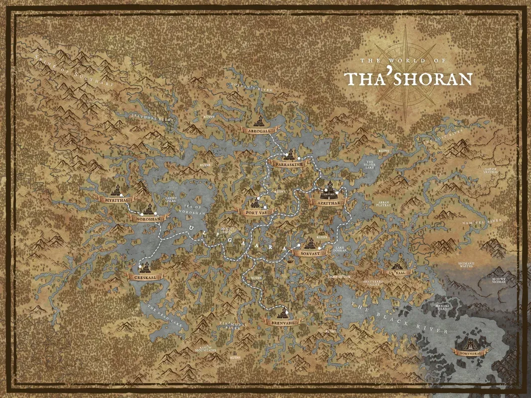 Map of Teldrahn: a vast swamp of rivers and lakes, with walled cities linked by causeways, the Black River running to Voryndral in the south-east
