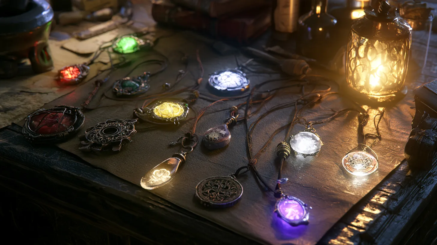 A table of talismans on dark cloth: some glowing green, red, white, yellow and purple, others dark and lifeless
